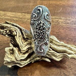 Ornate Sculpted Sterling Silver Statement Sheath Full Finger Ring Size 7